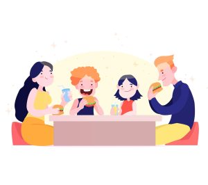 Illustration d'enfants et jeunes qui mangent autour d'une table - Fonctionnement Club vacances